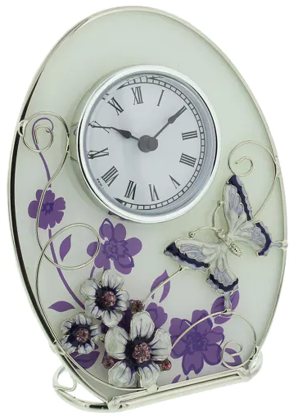 Glass Oval Clock Purple Butterfly
