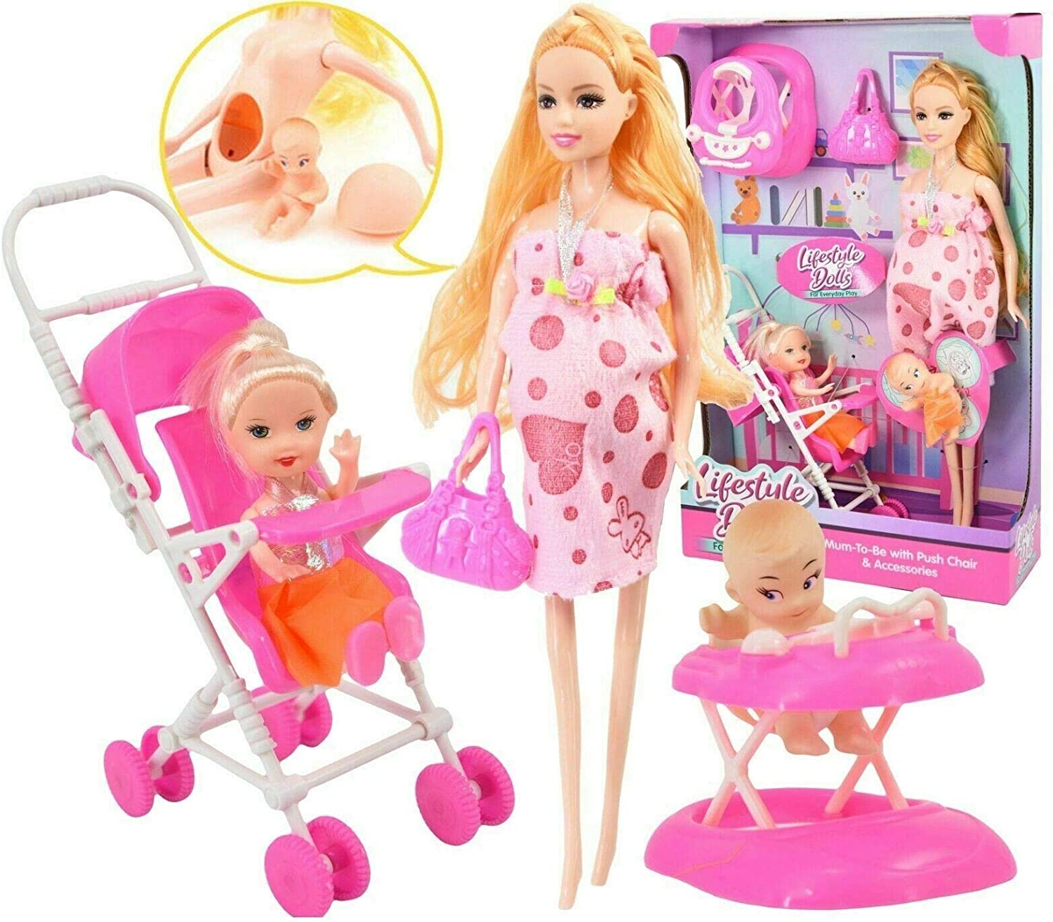 KandyToys Dolls Mum To Be with Push Chair & Accessories