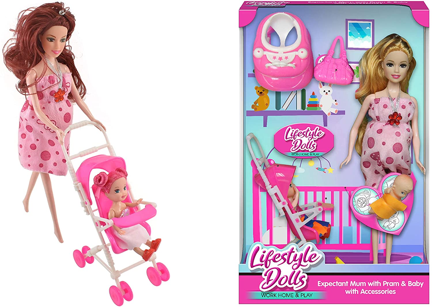 KandyToys Dolls Mum To Be with Push Chair & Accessories