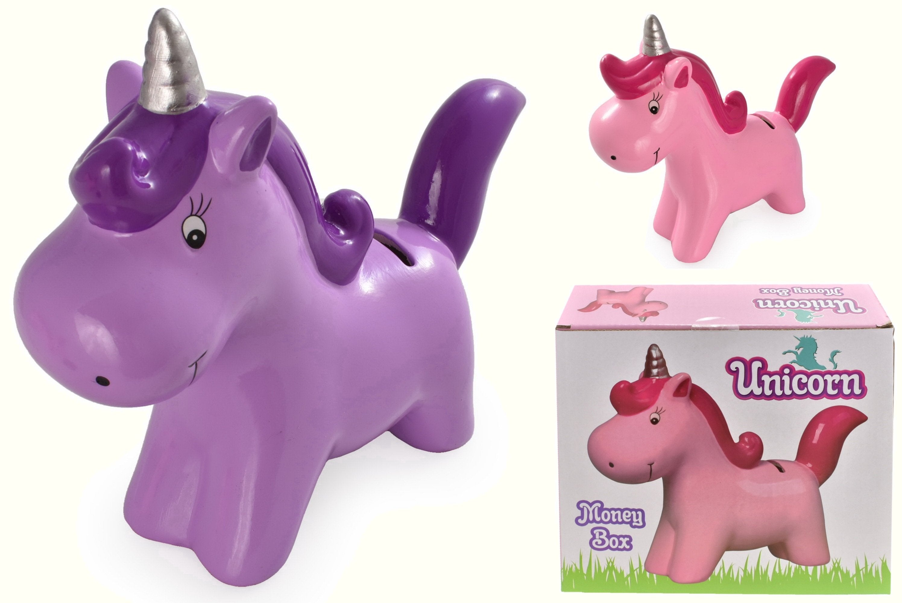 Pink & Purple Unicorn Money Box & Packaging