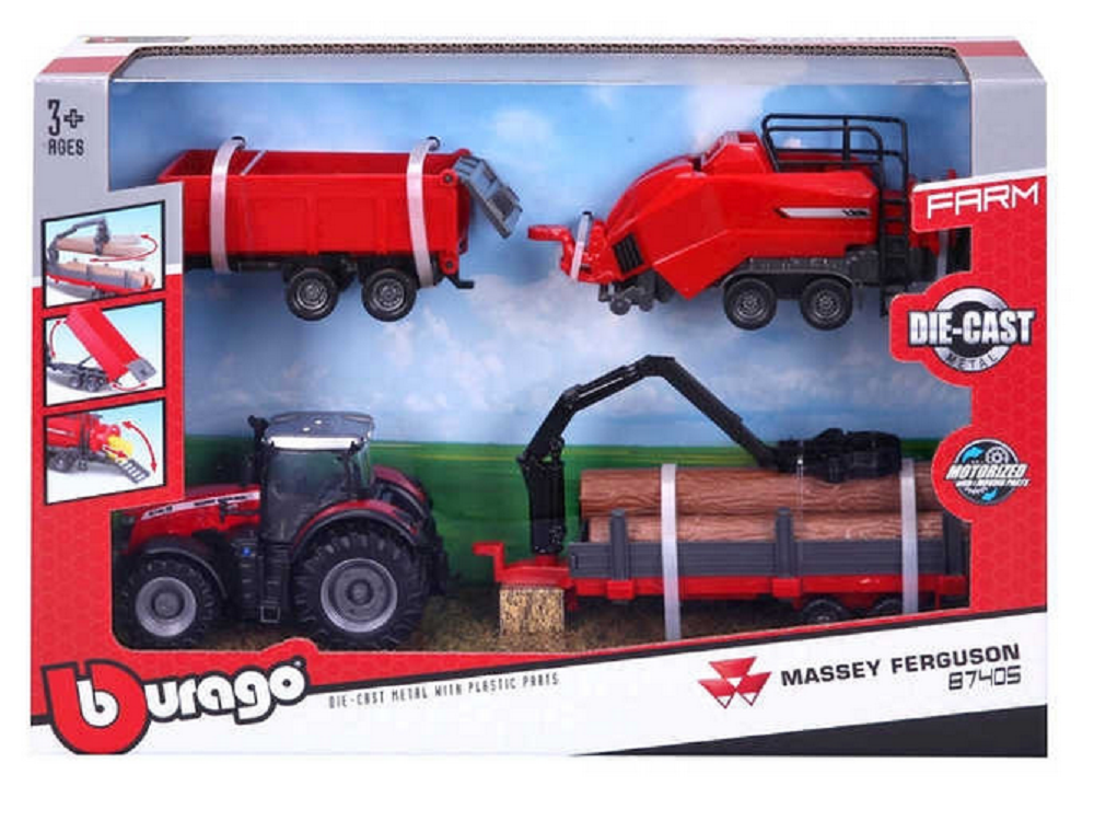 Burago Massey Ferguson Tractor With 3 Trailers