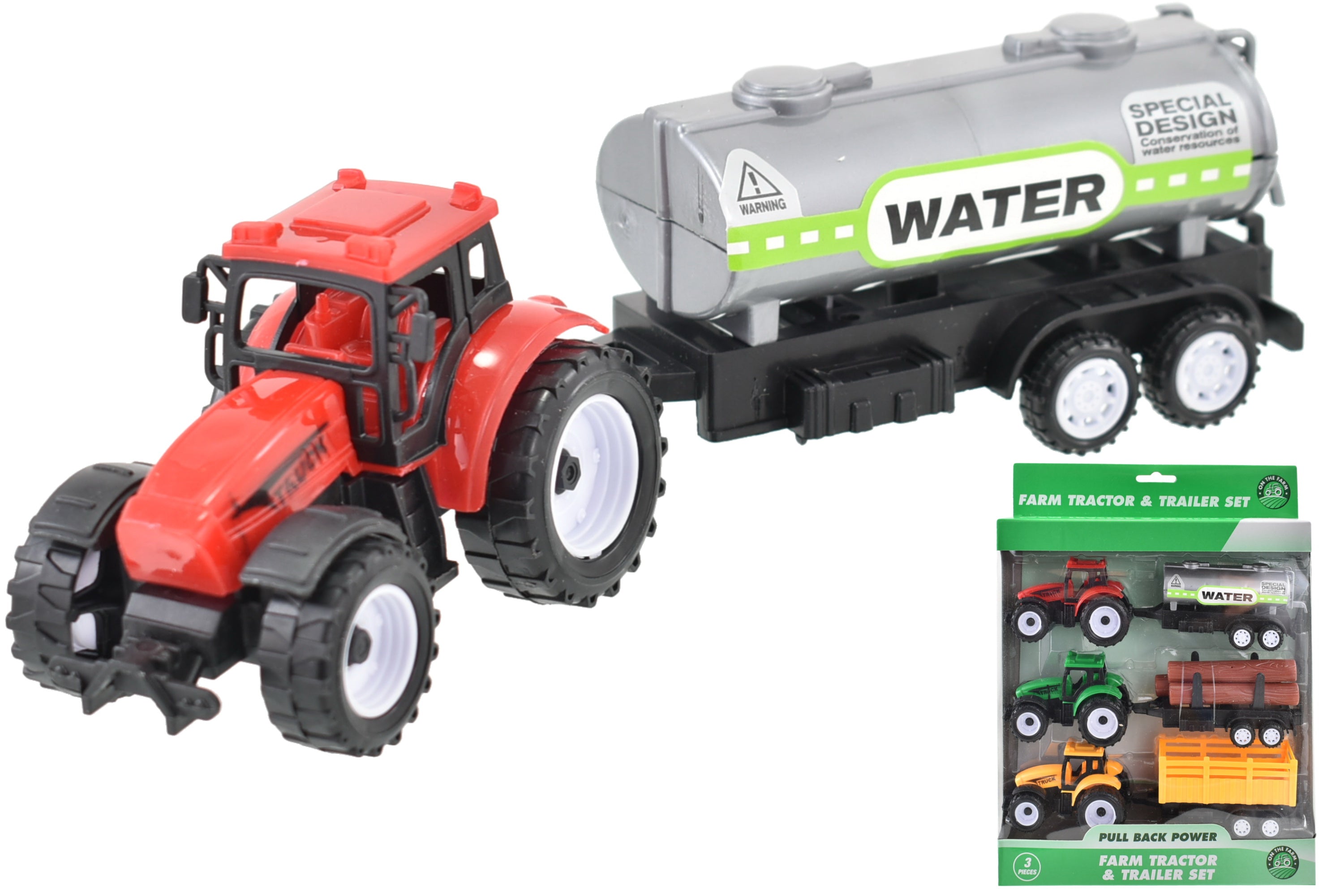 KandyToys 3 Piece Pull Back Power Farm Tractor & Trailer Set