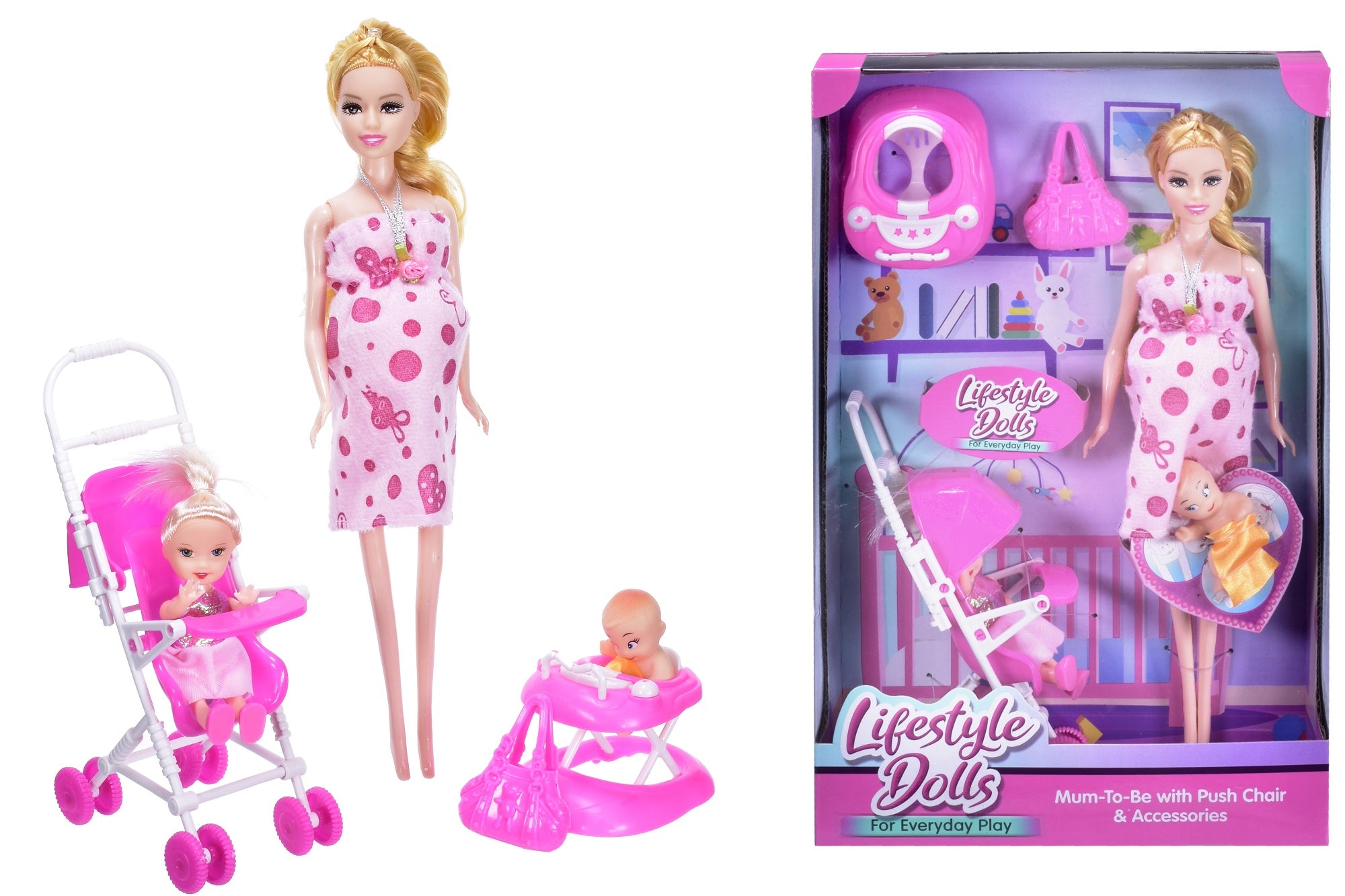 KandyToys Dolls Mum To Be with Push Chair & Accessories